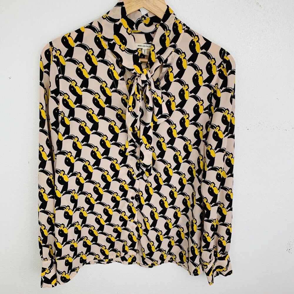 Alec Les Filles Toucan Blouse Long Sleeve Size M Medium Tie Neck